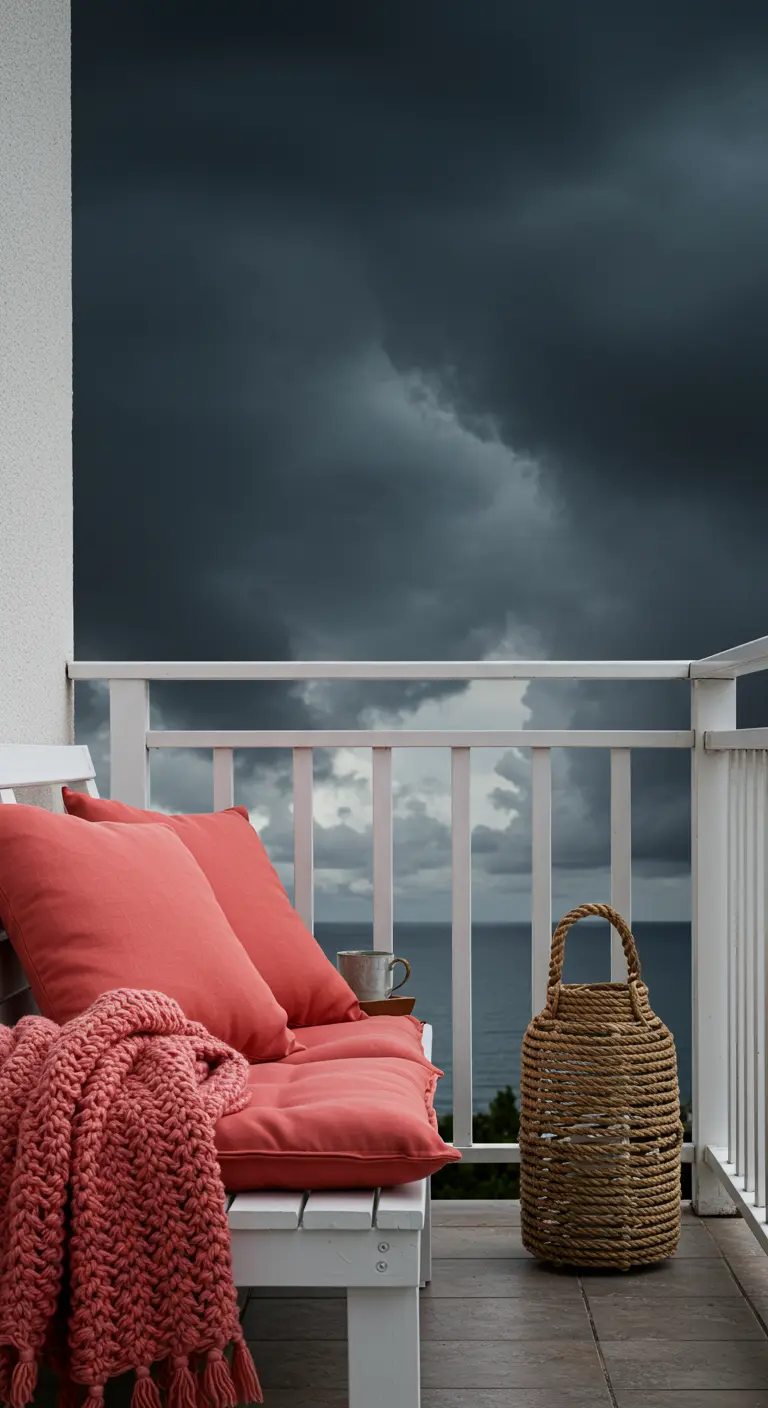 White bench with coral cushions and a knit throw overlooking a stormy sea.