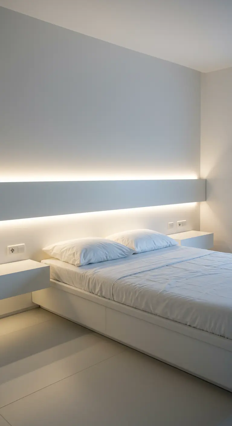 A white minimalist bed with a long, floating headboard shelf featuring integrated backlighting.