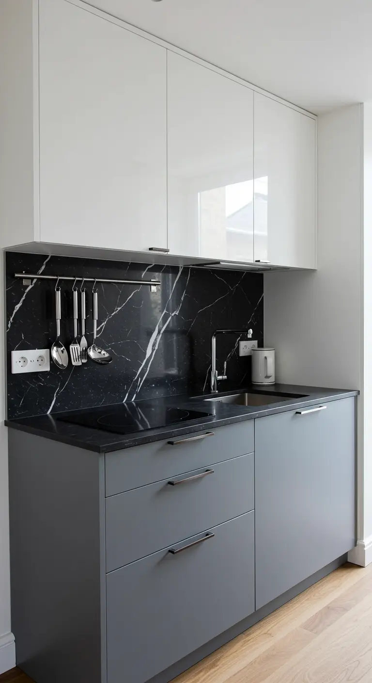 Modern kitchen with glossy white uppers, grey lowers, and a black marble backsplash.