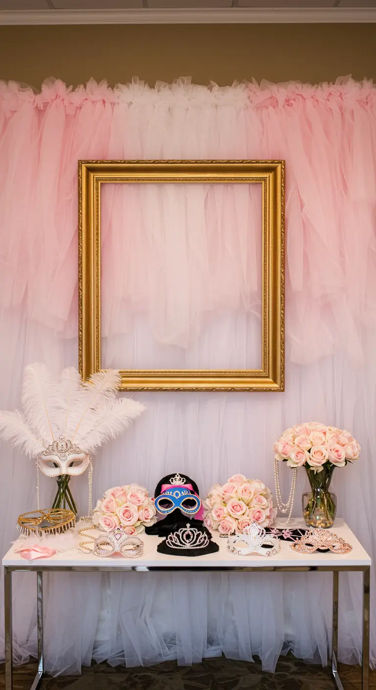 A photo booth with a pink tulle backdrop, an empty gold frame, and masquerade props.