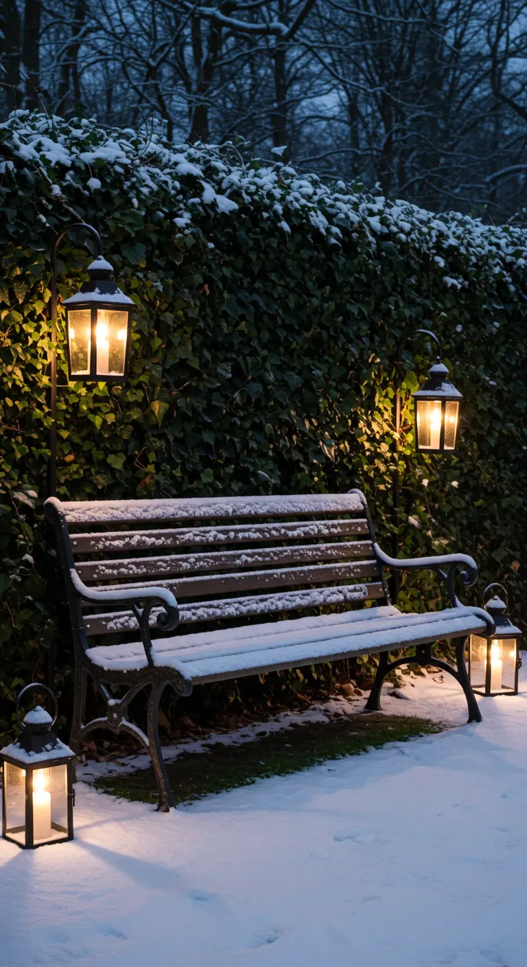 A snow-dusted park bench at dusk, illuminated by several lanterns on the ground and hooks.
