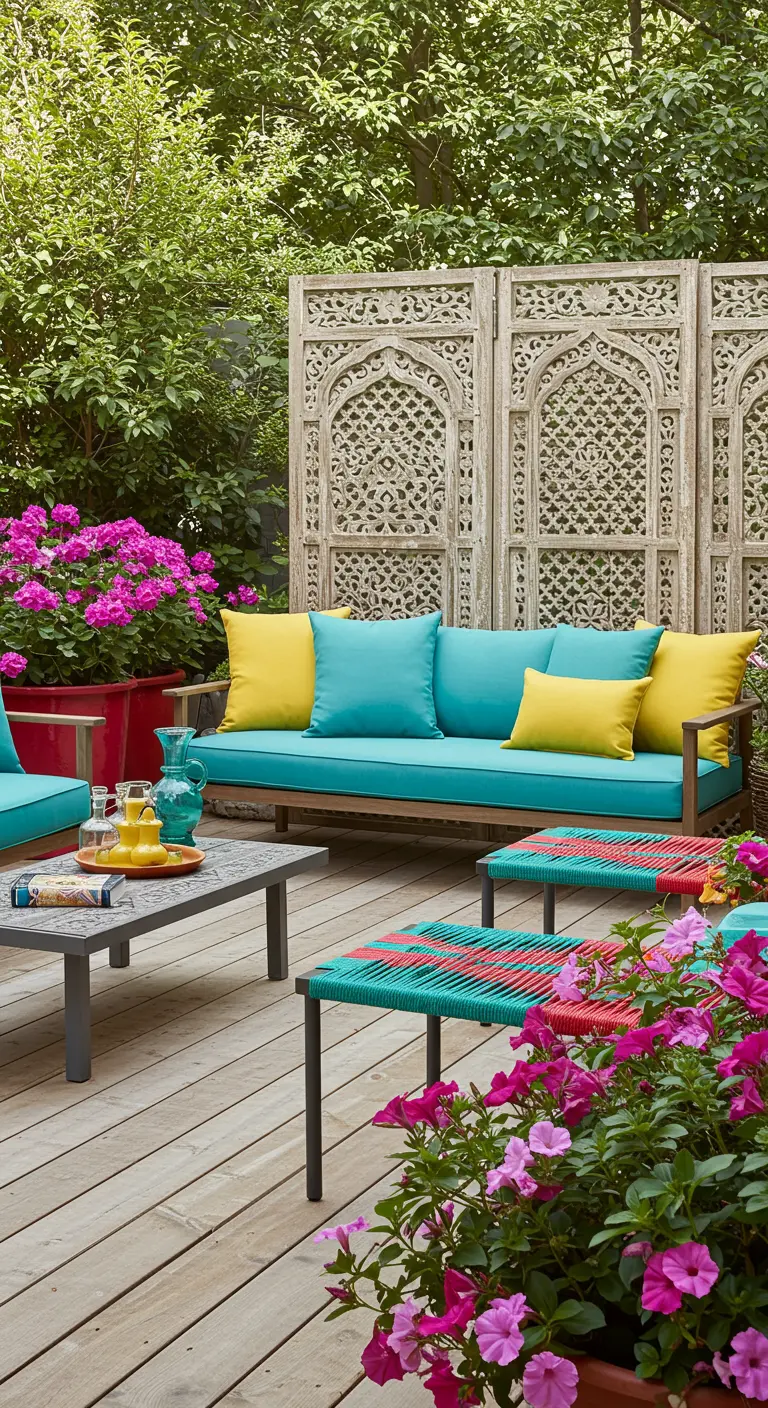 Outdoor patio with a light-colored carved screen behind a sofa with turquoise cushions.
