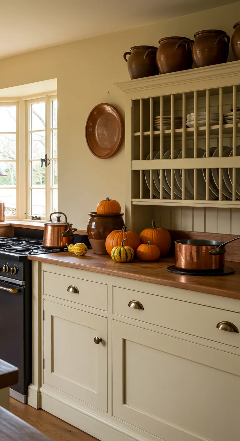 Buttermilk kitchen counter decorated for fall with pumpkins, gourds, and copper pots.