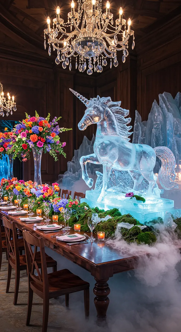 A dramatic unicorn ice sculpture with colorful flowers and fog.