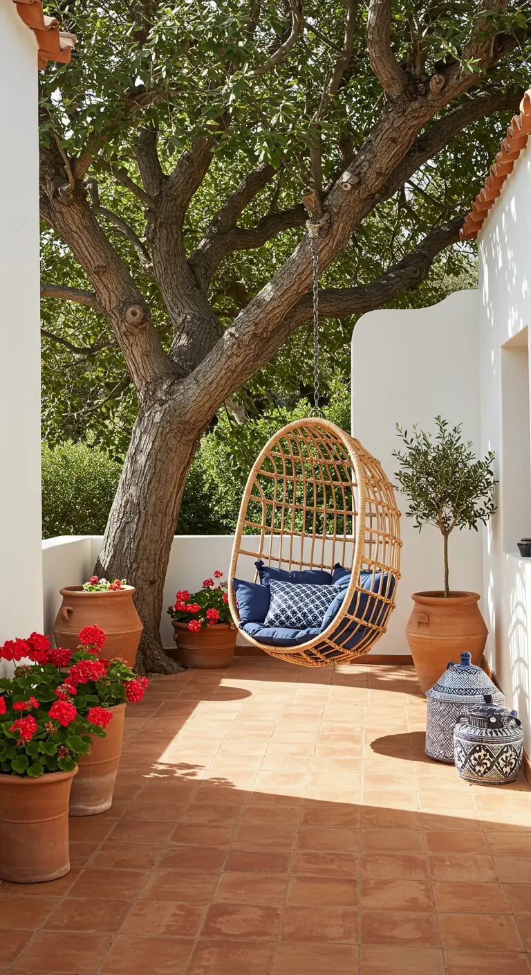 A rattan egg chair with blue cushions on a terracotta tiled patio with red geraniums.