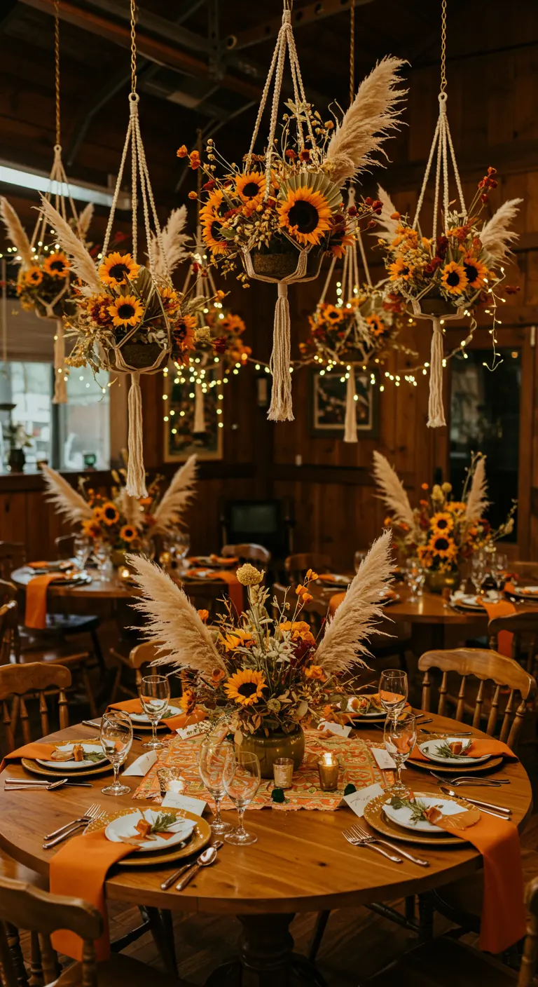 Wedding tables with hanging macrame planters filled with sunflowers and pampas grass.