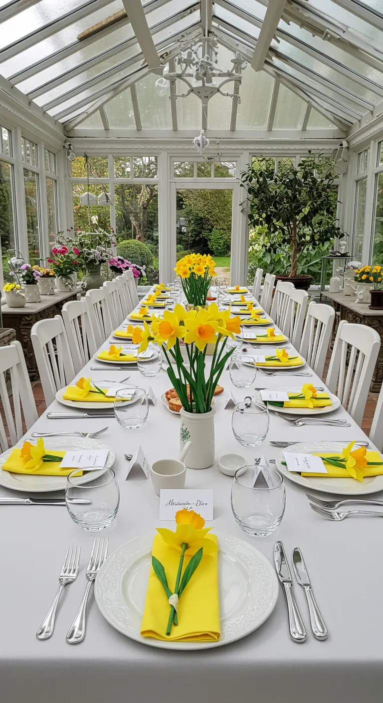A bright spring table setting where yellow napkins are held by handmade paper daffodil rings.