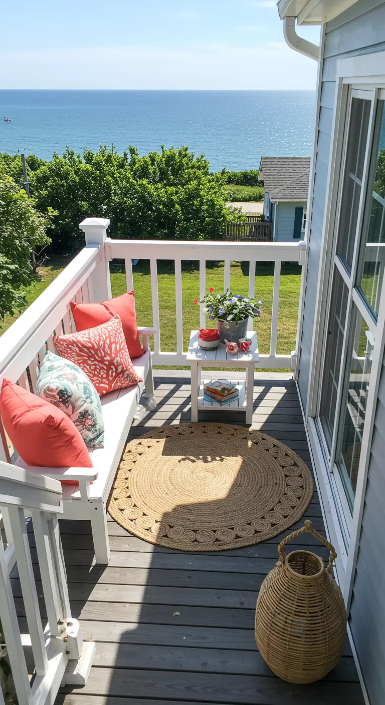 Small sunny balcony with white bench, coral pillows, and a round jute rug.