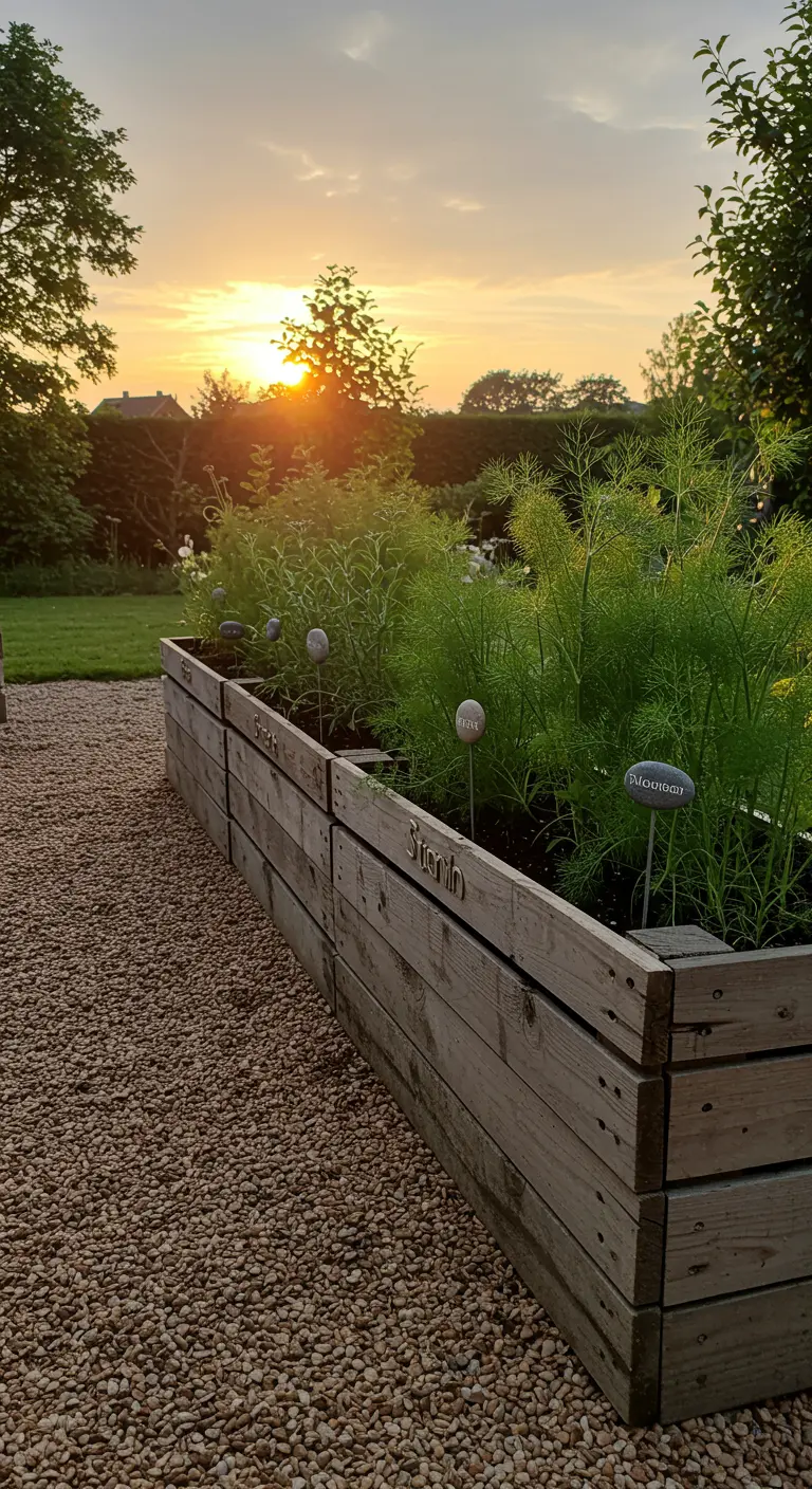 A long pallet wood raised bed with herbs and metal markers at sunset.