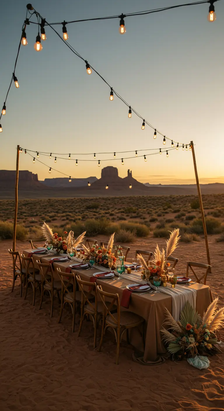Outdoor dining table in the desert with string lights hanging from a wooden frame at sunset.