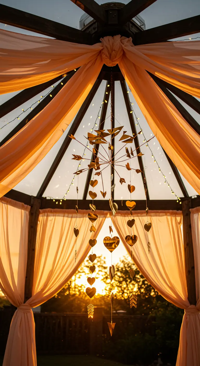 A gazebo draped in peach fabric at sunset with a gold heart and arrow mobile hanging inside.