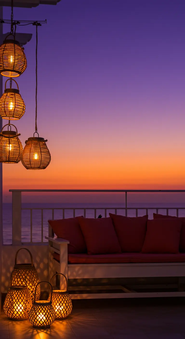 Balcony at sunset with hanging lanterns and floor lanterns illuminating a bench.
