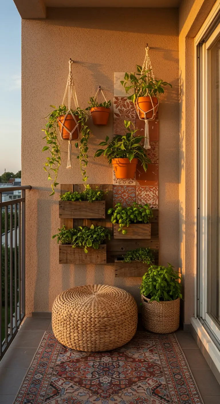 Boho balcony with a pallet herb garden, macrame hangers, and a woven pouf on a rug.