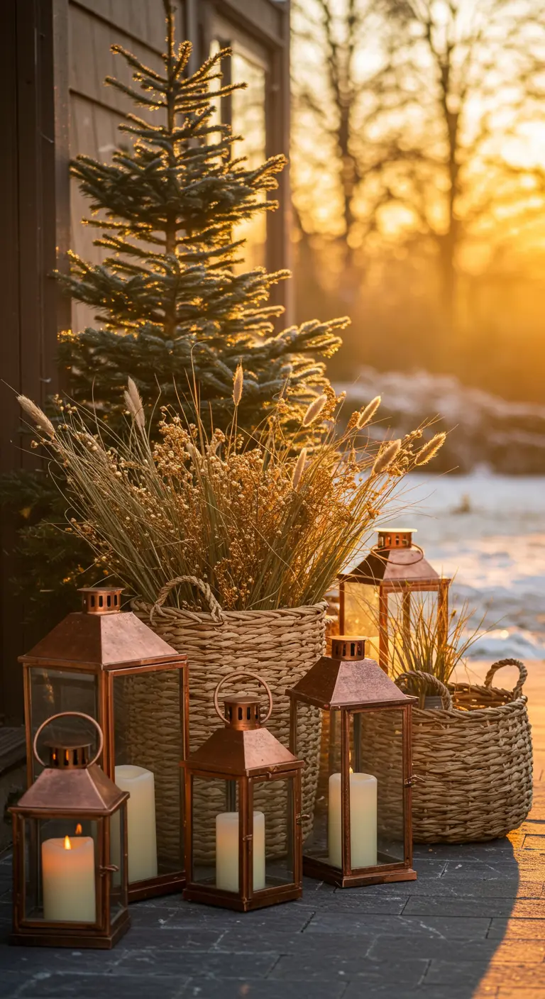A collection of copper lanterns and baskets filled with dried grasses, glowing in the sunset.