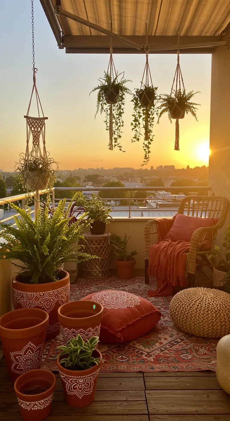 A boho-style balcony at sunset with hand-painted terracotta pots and macrame hangers.