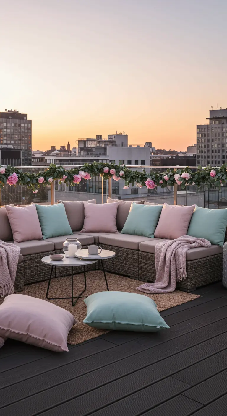 Rooftop terrace at sunset with a sectional sofa, pastel pillows, and a pink peony garland on the railing.