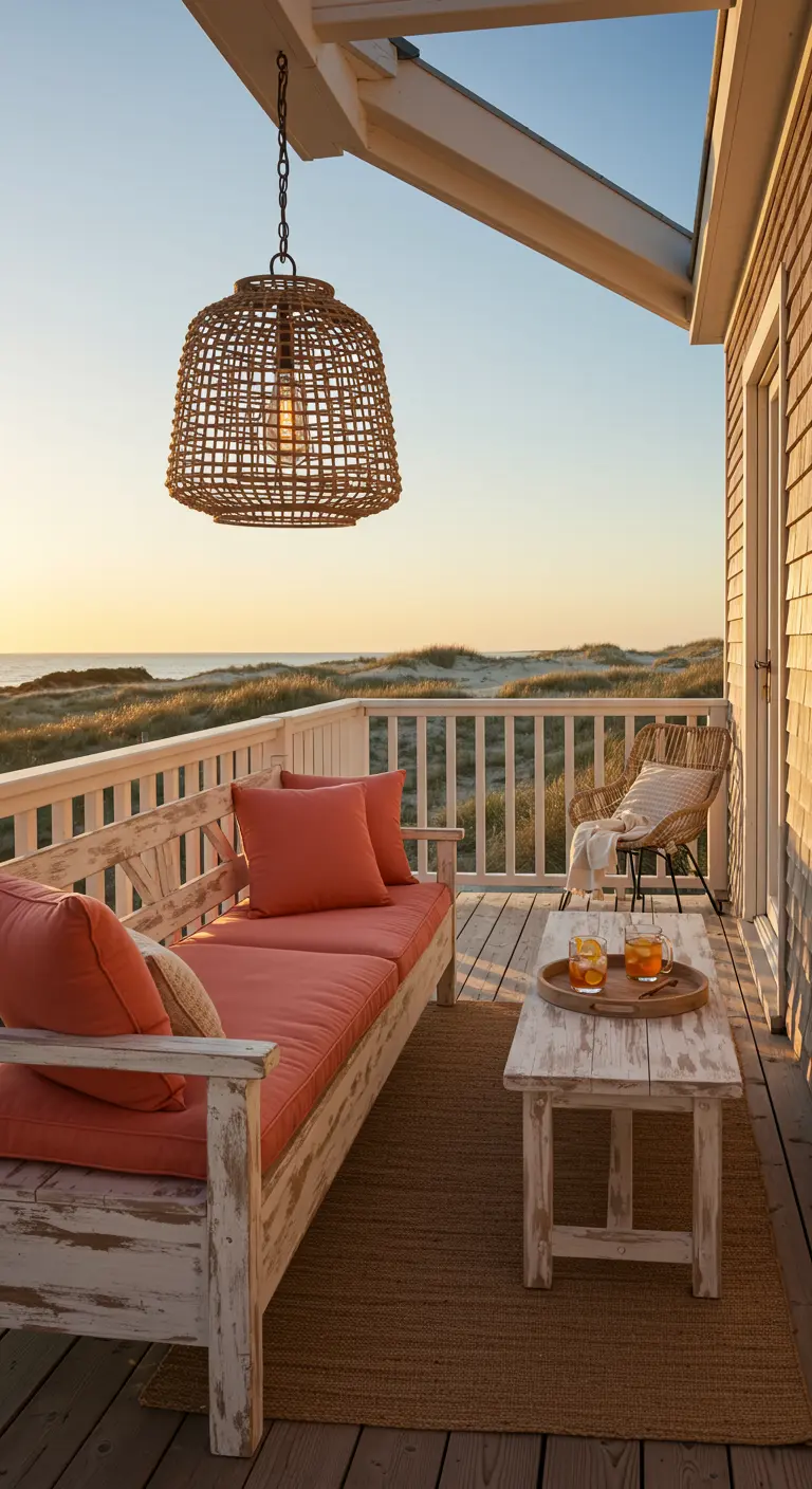 Whitewashed bench with coral cushions on a balcony overlooking the ocean at sunset.