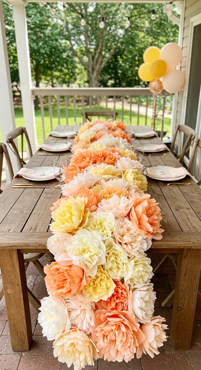 A lush table runner made of handmade peach, yellow, and white paper flowers on a rustic wooden table.