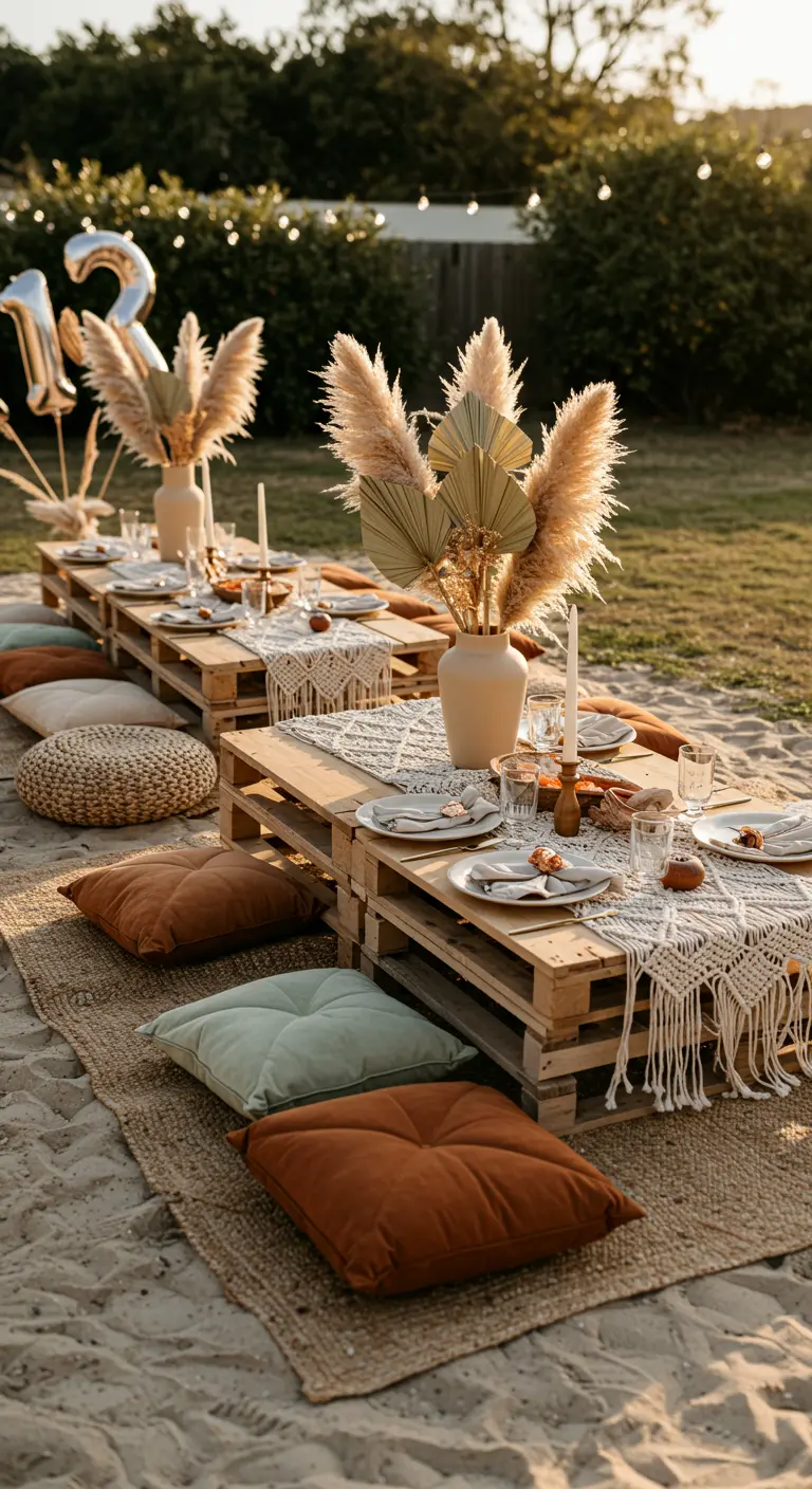Boho beach picnic with low pallet tables, pampas grass, and floor cushions.