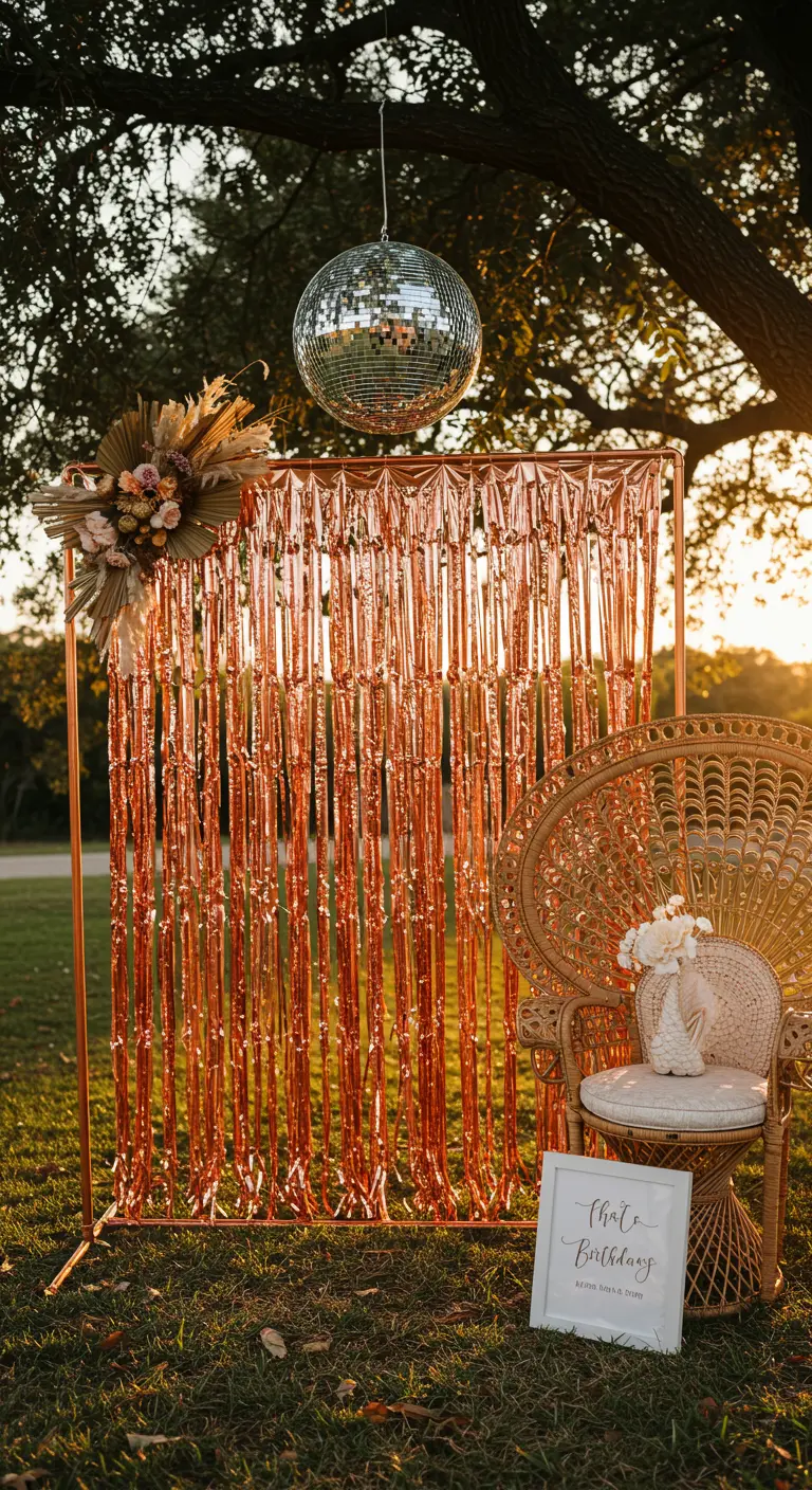 An outdoor party setup with a rose gold fringe backdrop, a peacock chair, and a disco ball.