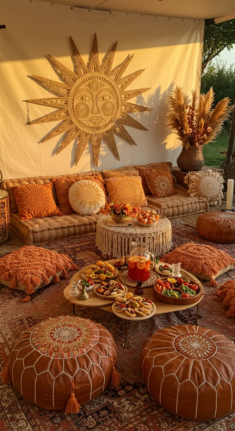 Bohemian-style outdoor lounge with terracotta floor cushions, pampas grass, and a large sun wall hanging.