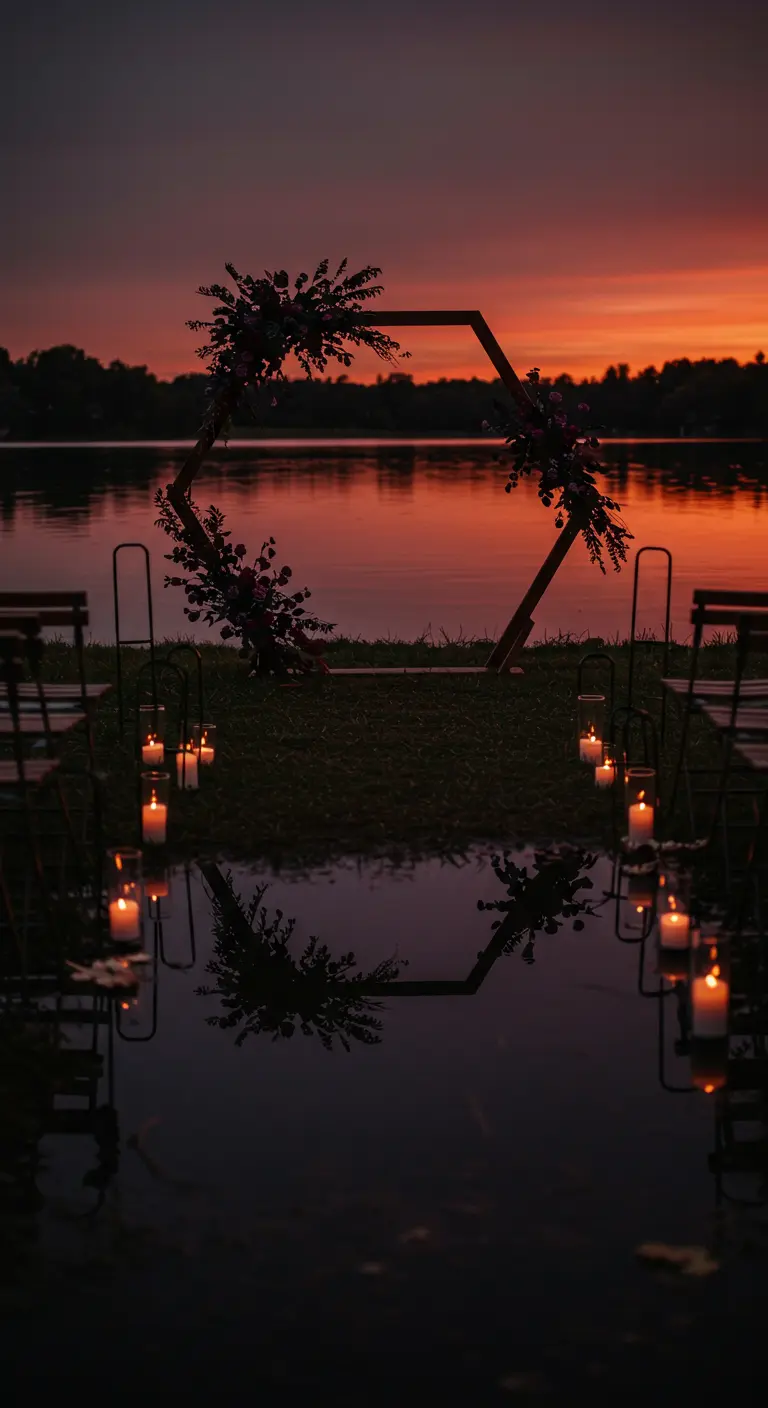 A hexagonal wedding arch with minimal flowers silhouetted against a dramatic sunset over a lake.
