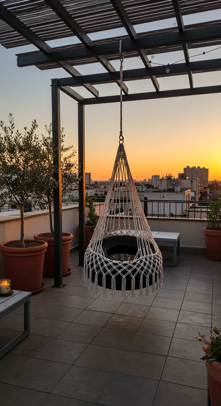 White macramé tire swing on a modern rooftop terrace at sunset.