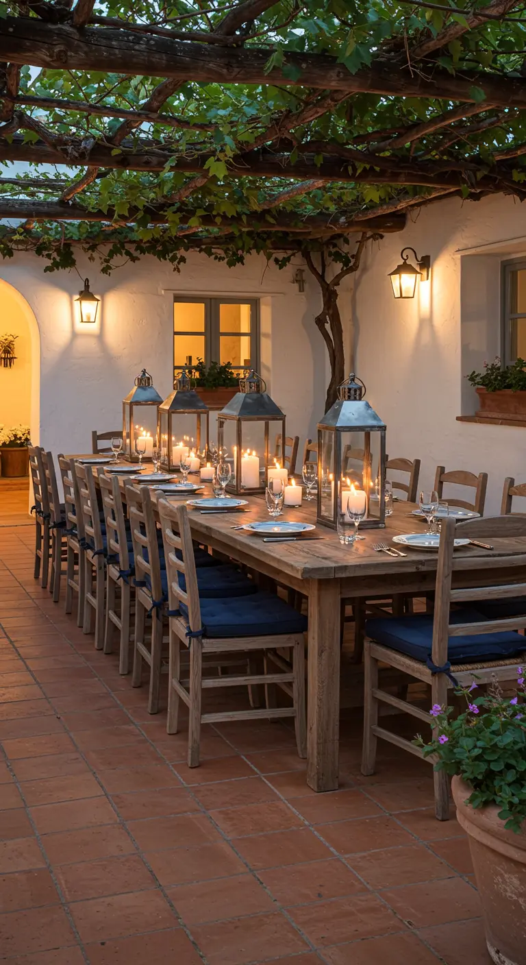 Long wooden dining table on a terracotta patio with blue cushions and large lanterns.