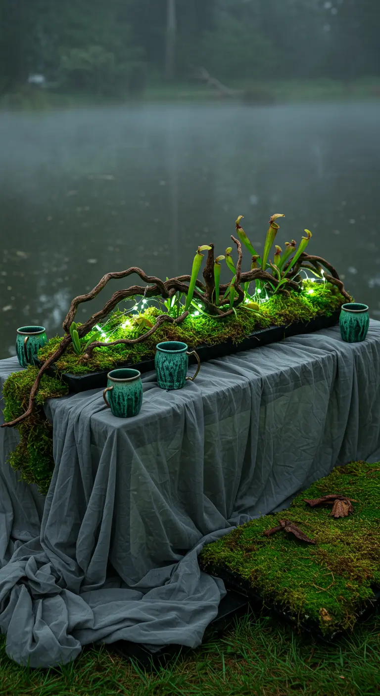 A moody tablescape by a misty lake, featuring a centerpiece with moss and pitcher plants.