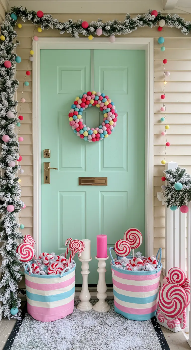 A playful, candy-themed entryway with a pastel door, a bauble wreath, and baskets of fake candy.