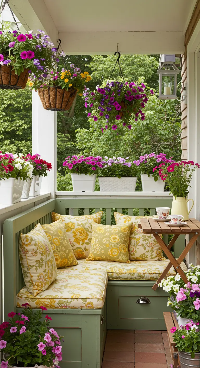 Cottage-style porch with a green bench, yellow floral cushions, and abundant hanging flowers.