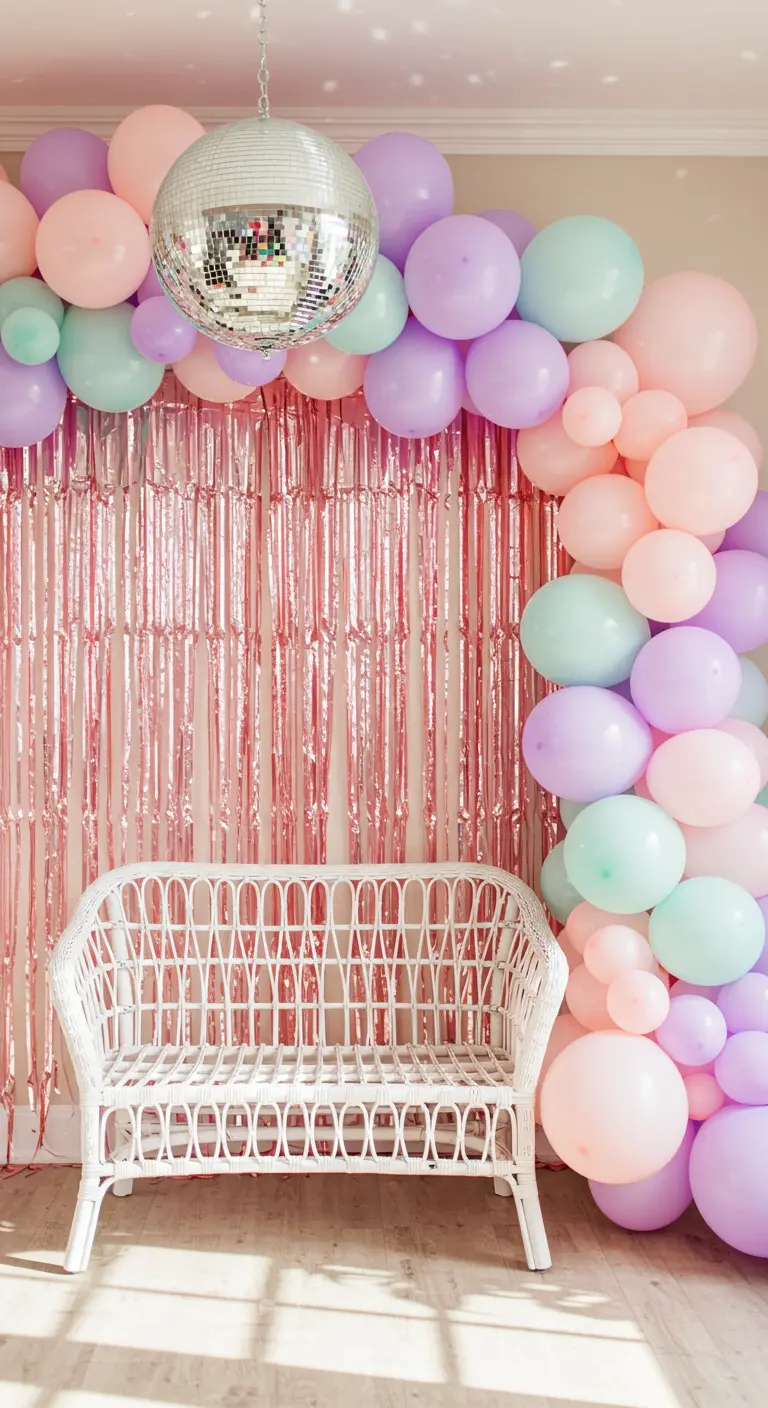 A pastel balloon arch over a pink fringe backdrop with a white wicker bench and a disco ball.