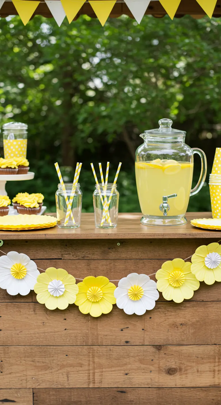 A simple paper flower garland in yellow and white decorating the front of a wooden lemonade stand.