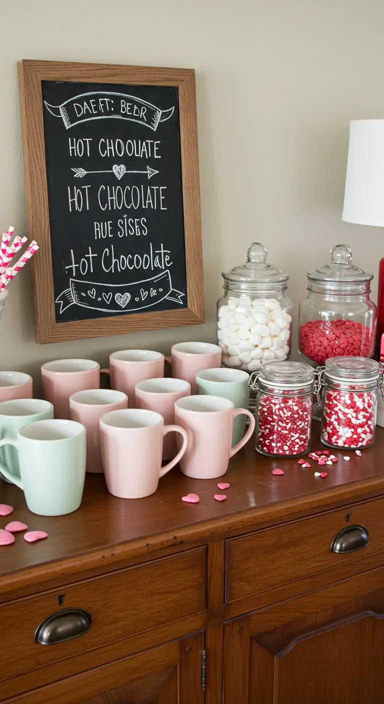 A hot chocolate bar with pastel mugs and jars of marshmallows and sprinkles.