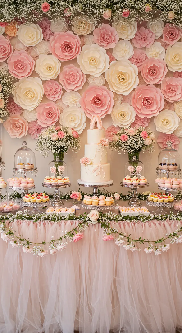 A ballet-themed dessert table with a pink and white paper flower backdrop and a tulle table skirt.