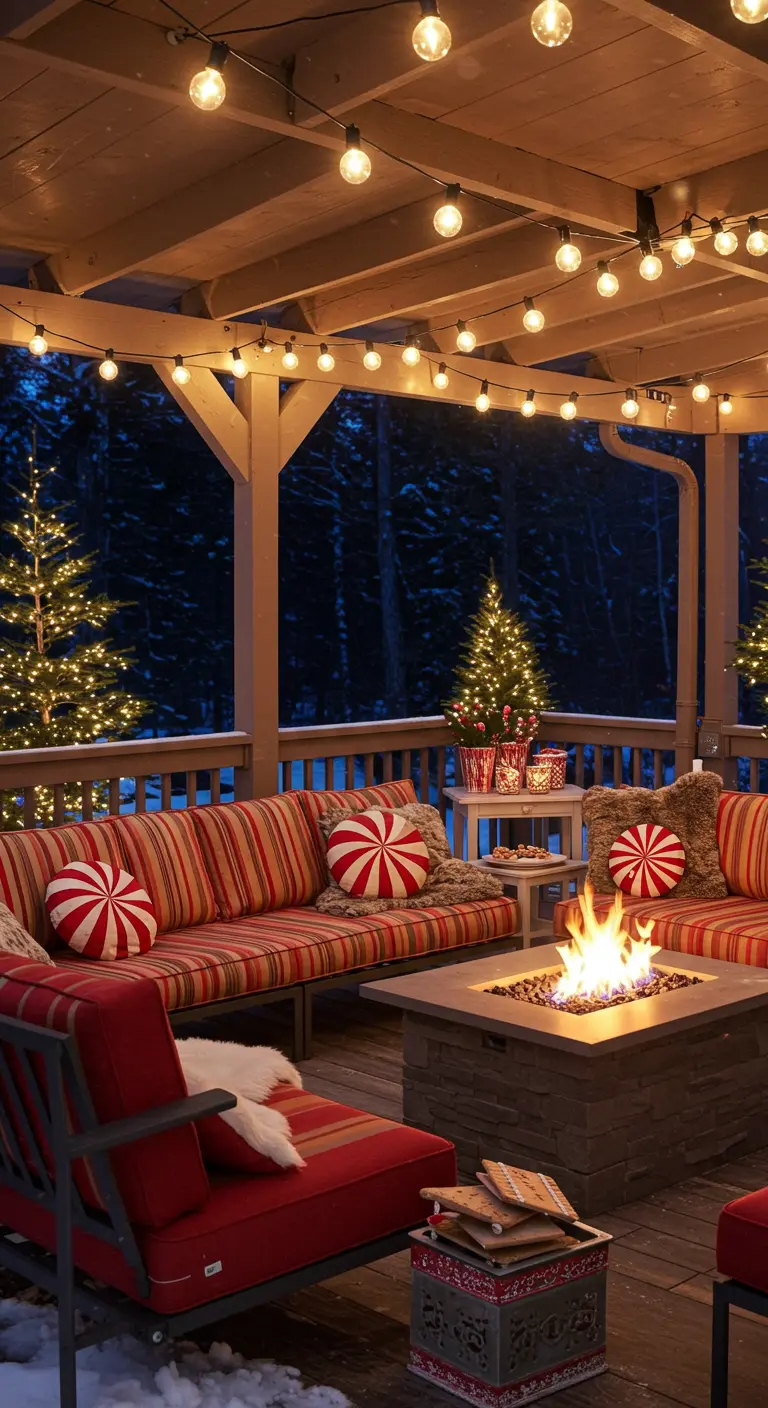 Cozy patio with a fire pit, striped cushions, and peppermint-shaped pillows.