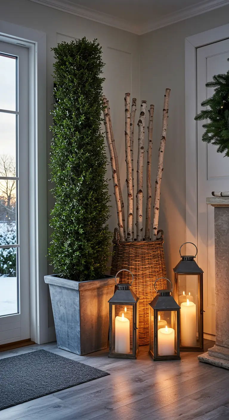 A narrow entryway corner with a tall potted evergreen, a basket of birch logs, and three lanterns.