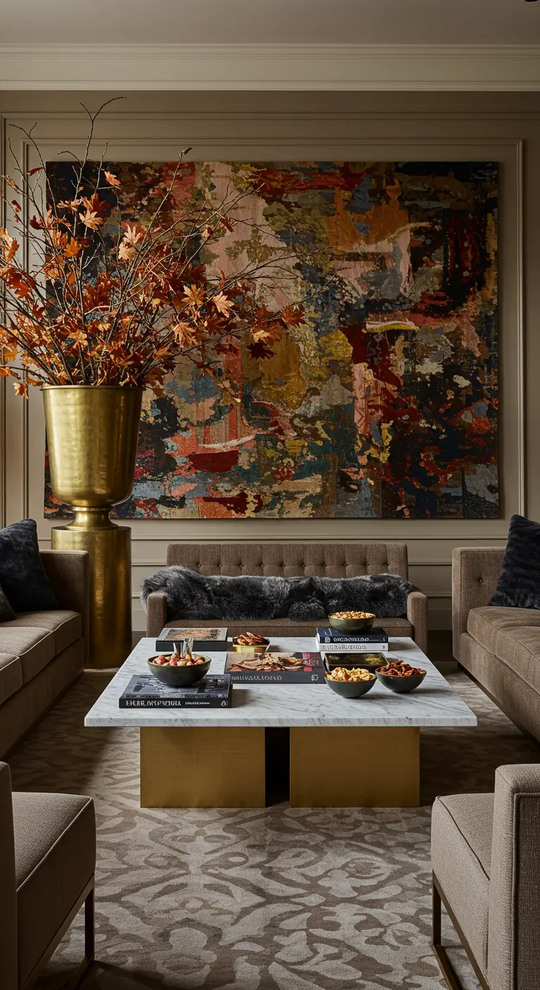A living room with a large colorful tapestry and a giant brass vase with fall branches.