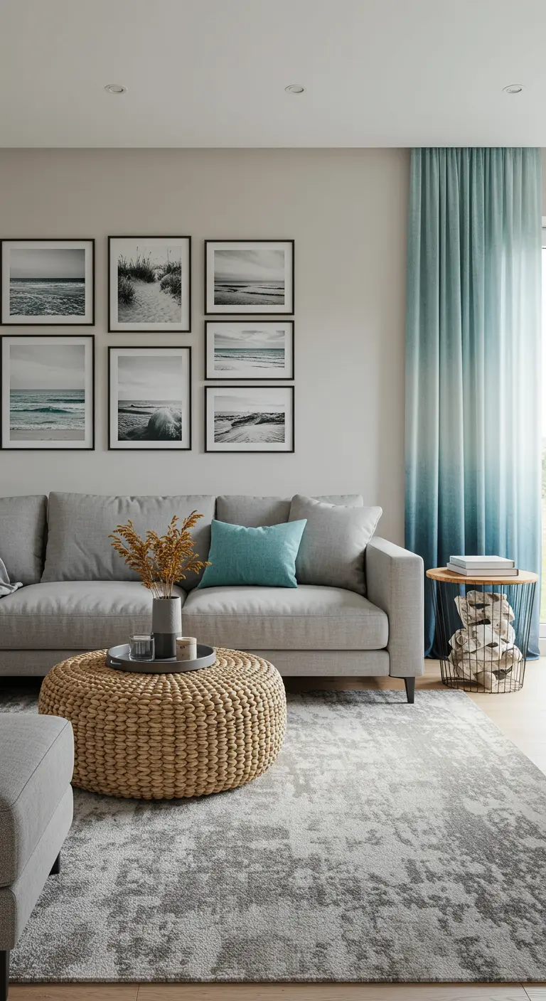 Living room with a grid gallery wall of beach photos and blue ombre curtains.