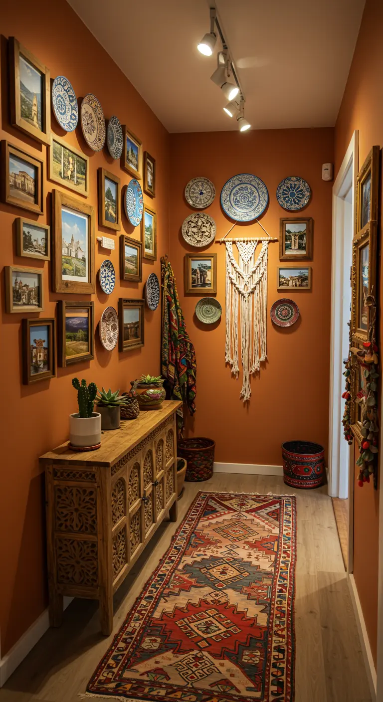 Bohemian hallway with terracotta walls, a carved wood console, and a gallery wall of plates and art.