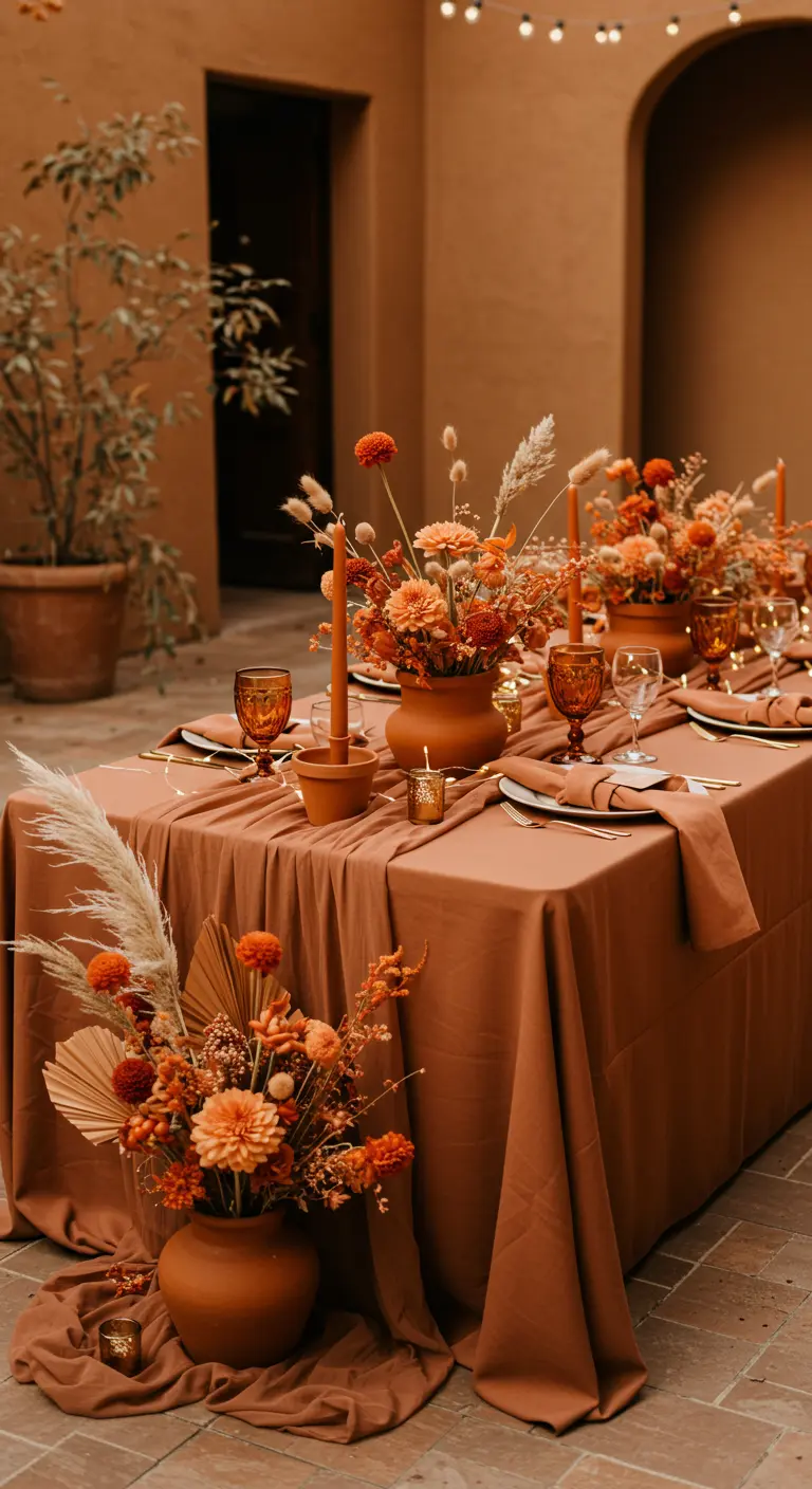 Table decorated entirely in terracotta tones with matching linens, candles, and dried flowers.