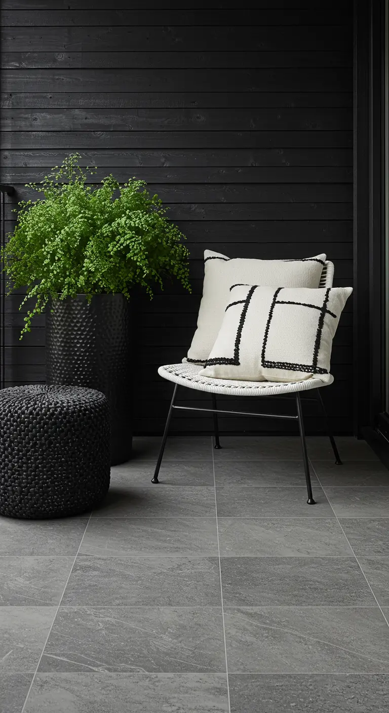 Minimalist balcony with a textured black pouf and tufted pillows.