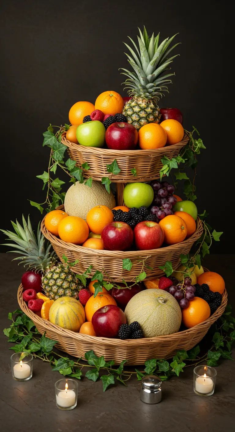 A three-tiered woven basket stand overflowing with fresh fruits like apples, oranges, and pineapples.