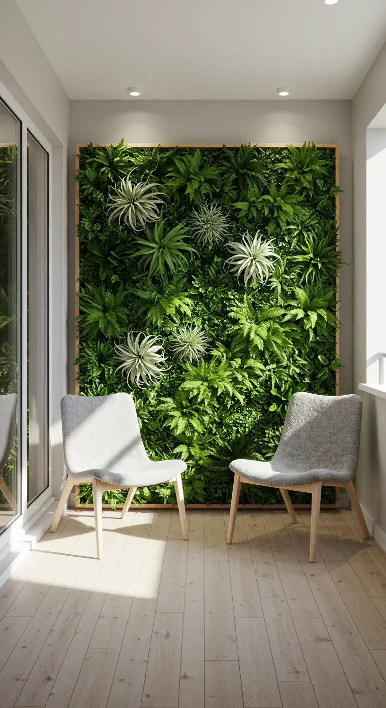 A bright, minimalist balcony with a fern wall featuring striking silver air plants, framed in light wood.