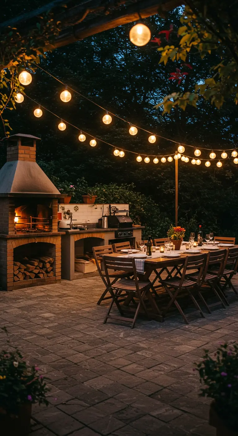 An outdoor kitchen and dining area under large globe lights, with a brick oven and grill.