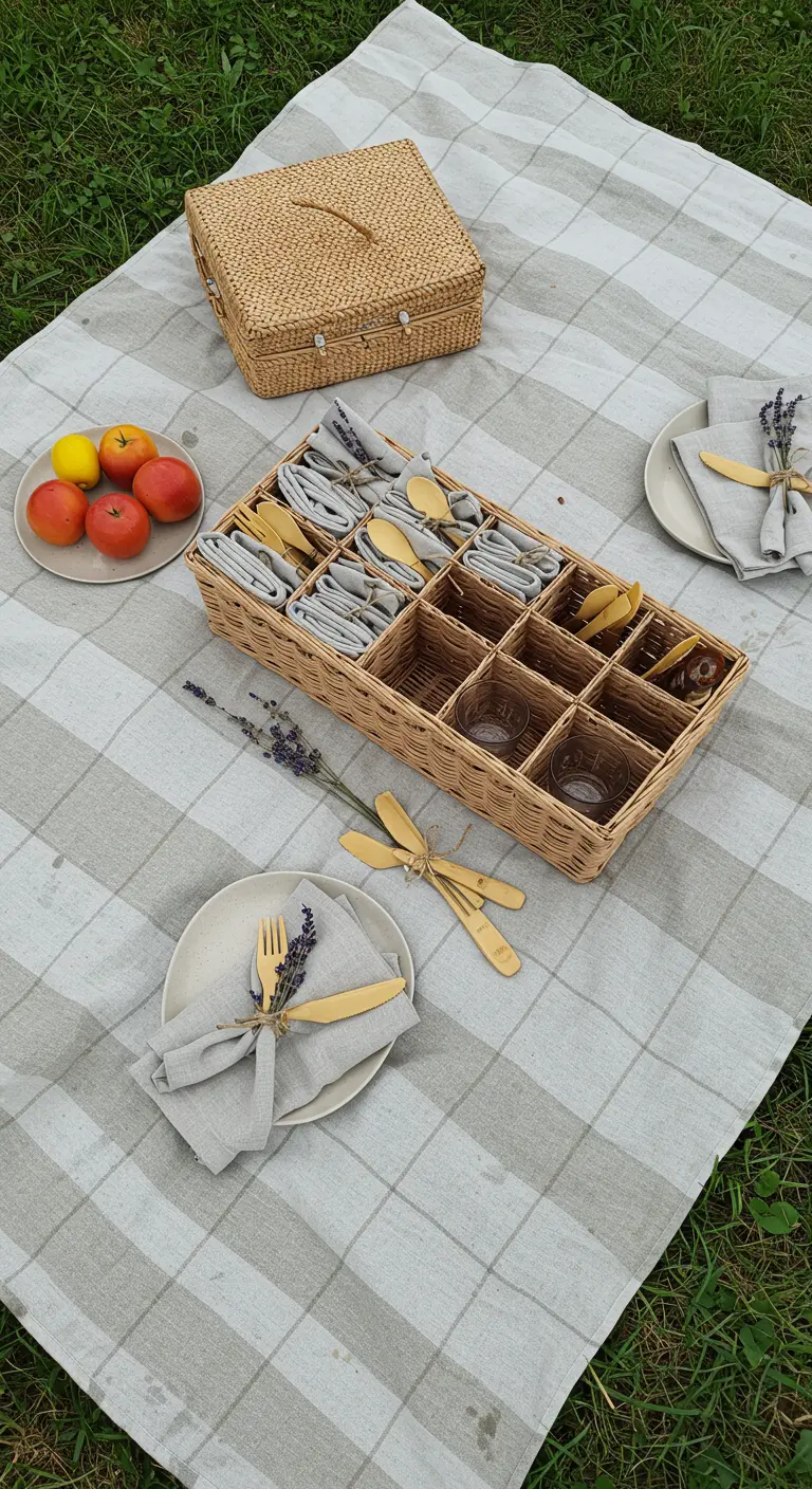 A woven cutlery caddy with compartments for utensils, napkins, and glasses on a checkered blanket.