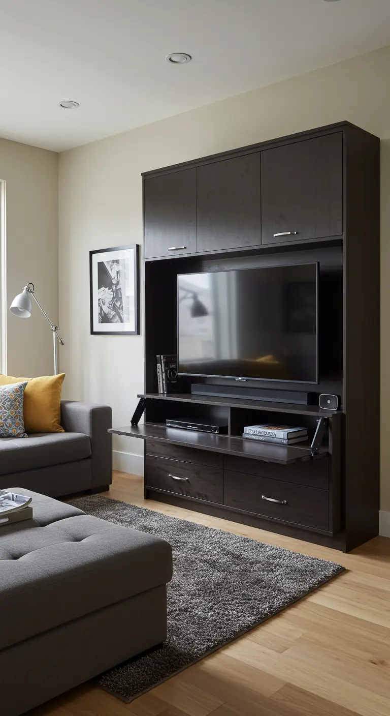 A dark wood entertainment center with a TV that also houses a hidden Murphy bed.