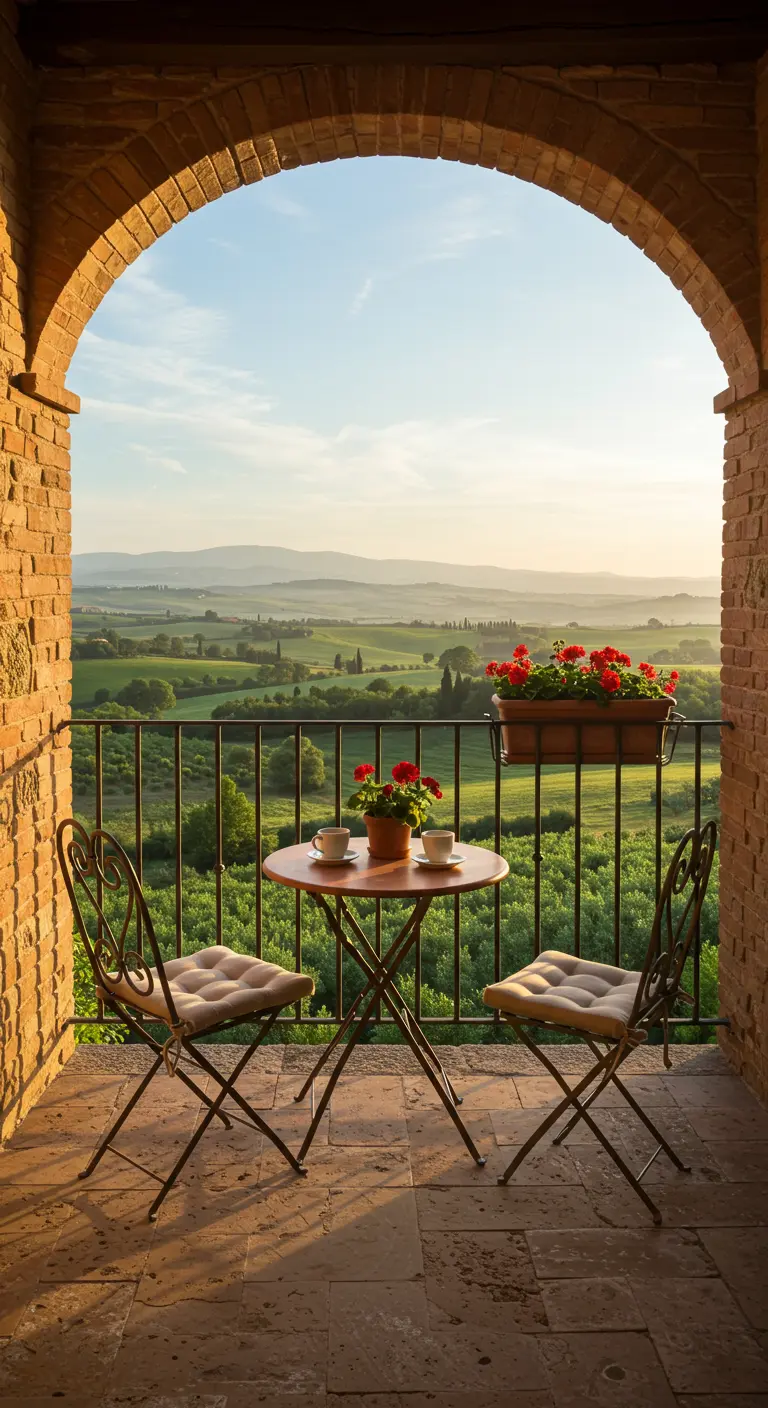 Small terra cotta bistro set on a balcony framed by a brick archway.