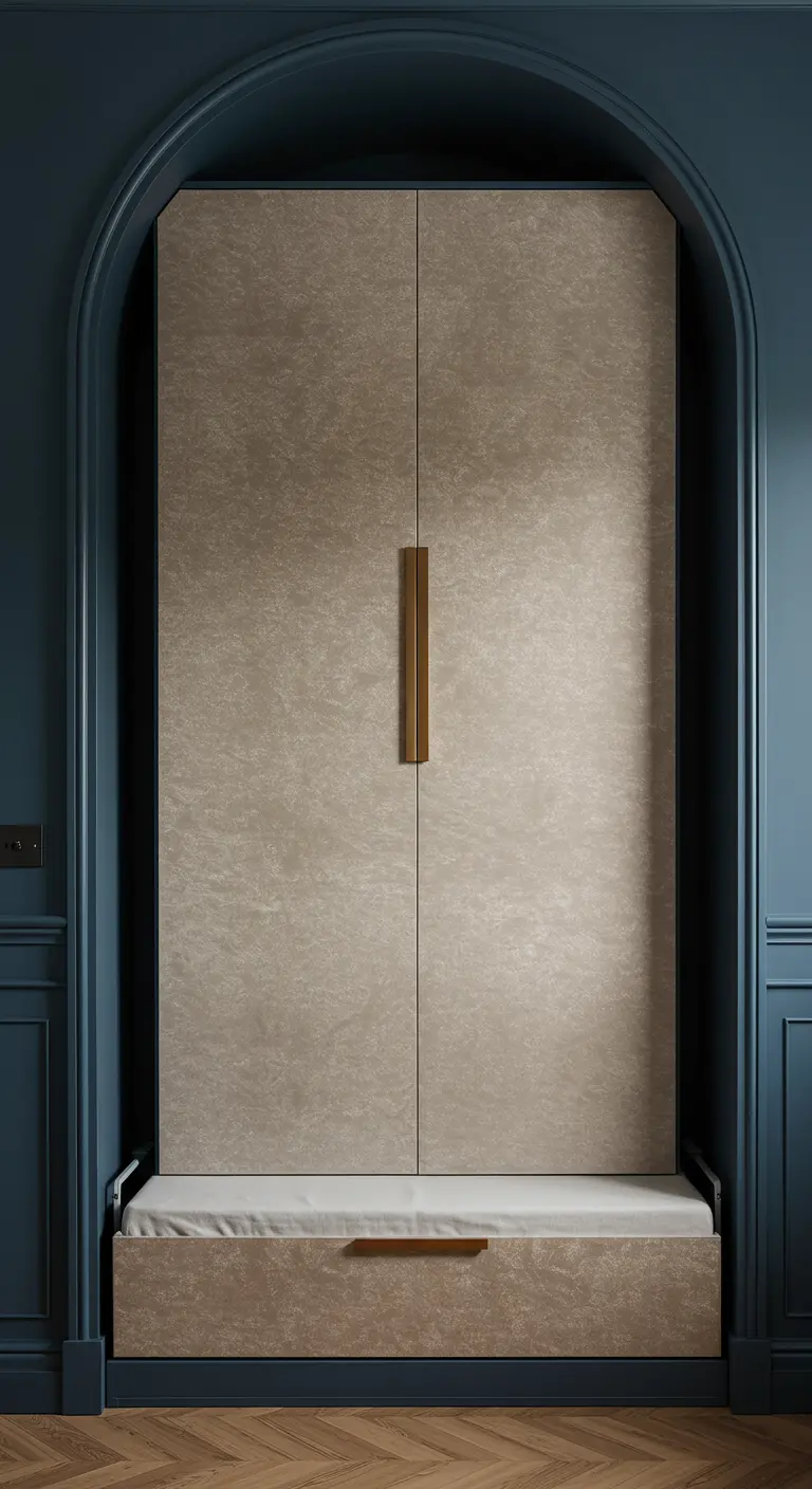 A textured Murphy bed cabinet set inside a dramatic, deep blue arched wall niche.