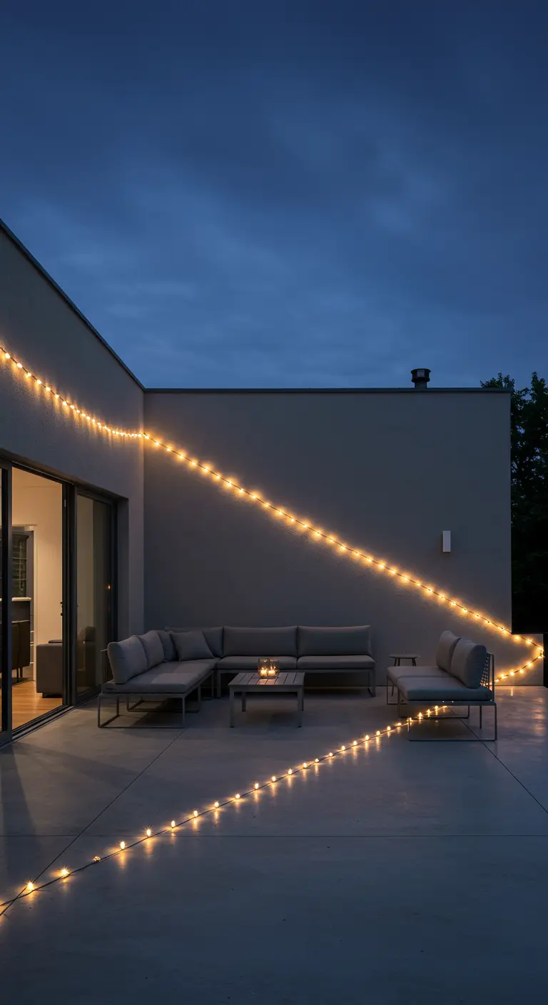 A modern concrete patio with a single fairy light string outlining the space around a minimalist sofa.
